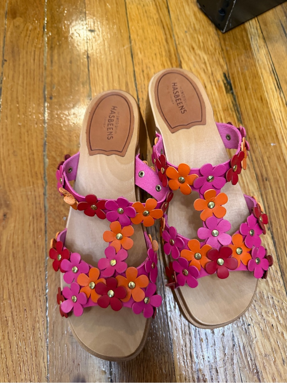 Swedish Hasbeens Pink and Orange Floral Leather Clog Slides